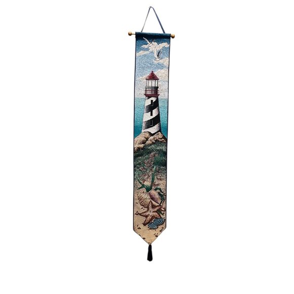 Lighthouse & Beach Scene Woven Tapestry Bell Pull Wall Hanging Banner Coastal Na - Picture 3 of 7